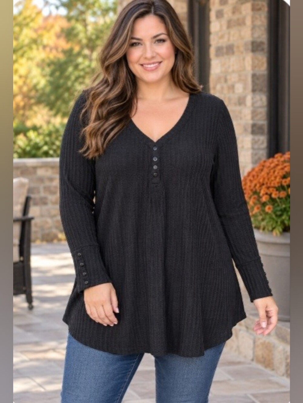 Chaser Black Ribbed V‑Neck Henley Tunic Top